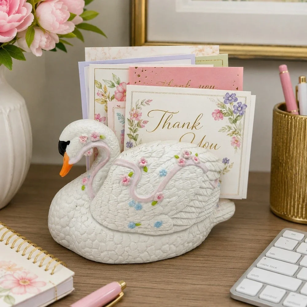VTG 1986 ENESCO White Swan Figurine Card Holder Floral Cottagecore Decor Korea